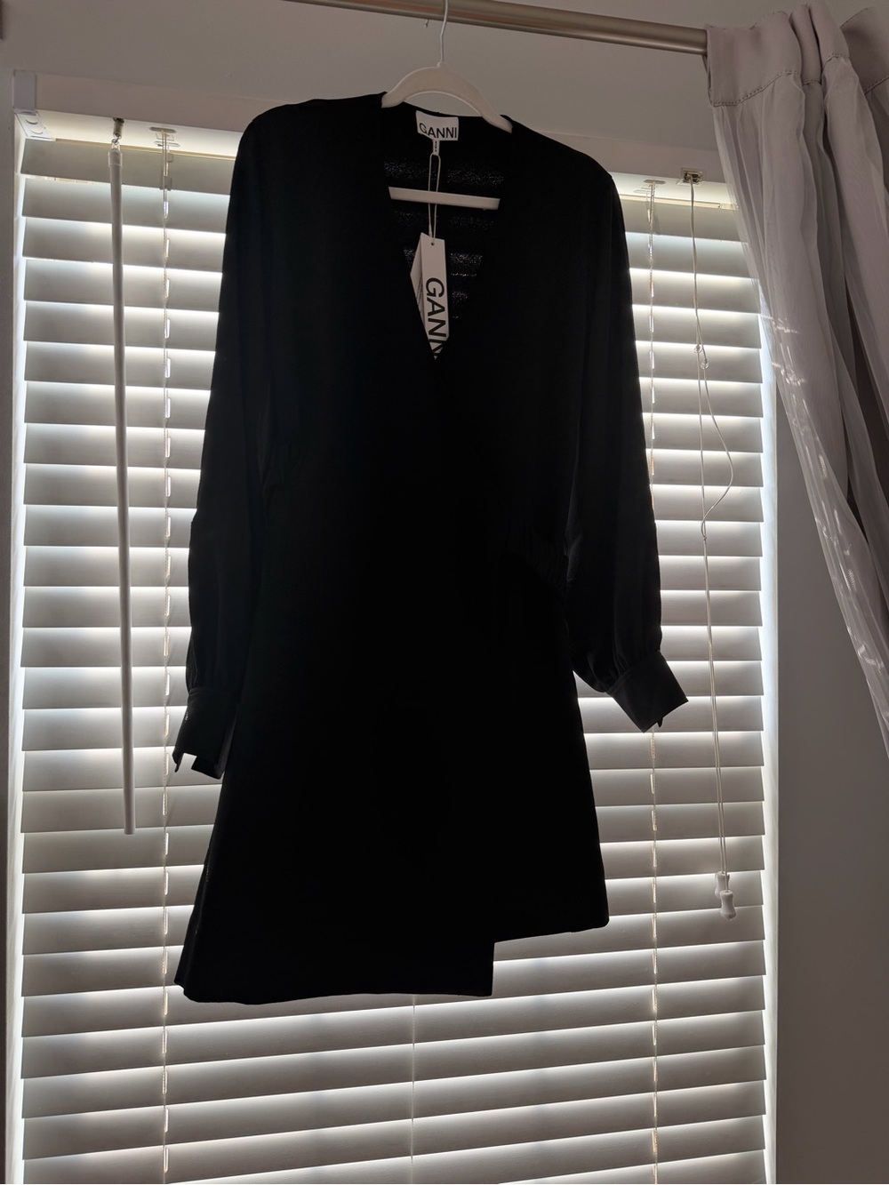 GANNI Black Long-Sleeve V-Neck Wrap Dress